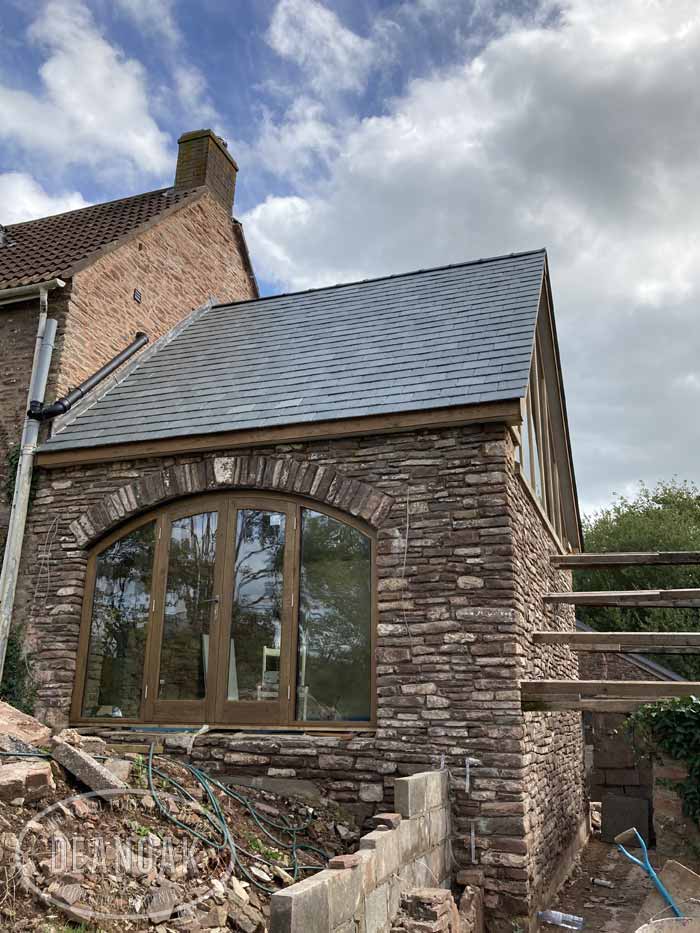 Rebuilt Stone Room with an Oak roof & glazed gable by Deanoak Limited